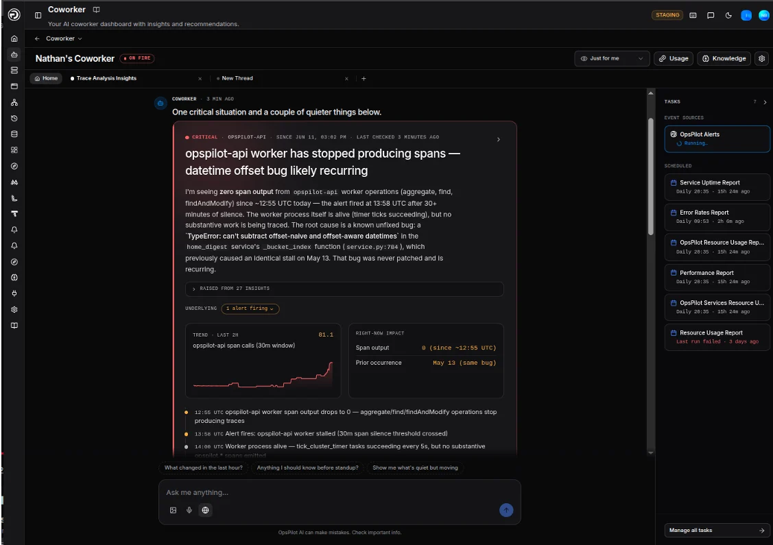 OpsPilot Coworker AI SRE tool — live feed showing active situations and AI-generated findings