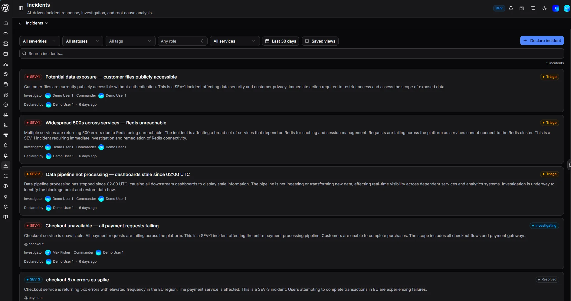 OpsPilot incidents list showing open incidents with SEV severity badges, status, and assigned owners