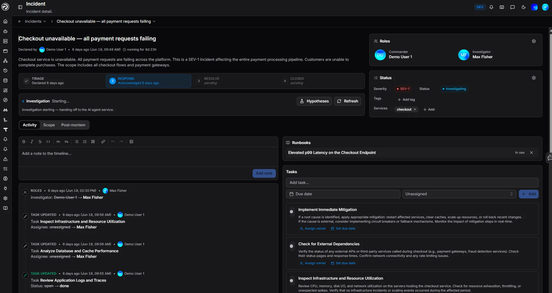 OpsPilot single incident workspace showing the live activity timeline with state changes, alerts, and Coworker AI entries