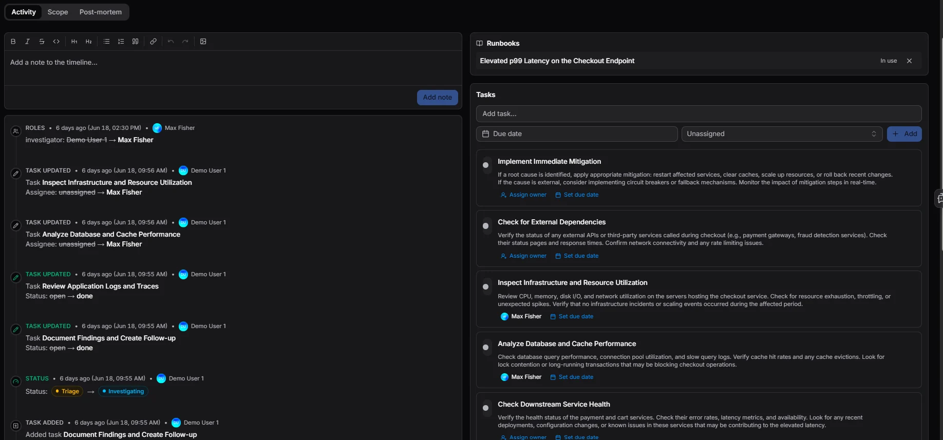 OpsPilot contextual incident sidebar showing active runbook progress, linked services, SLA budget, and ownership