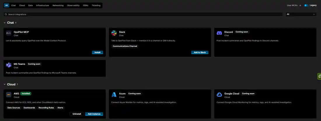 The OpsPilot Integrations Hub showing Chat and Cloud integrations, with AWS installed alongside its data sources, dashboards, recording rules and alerts